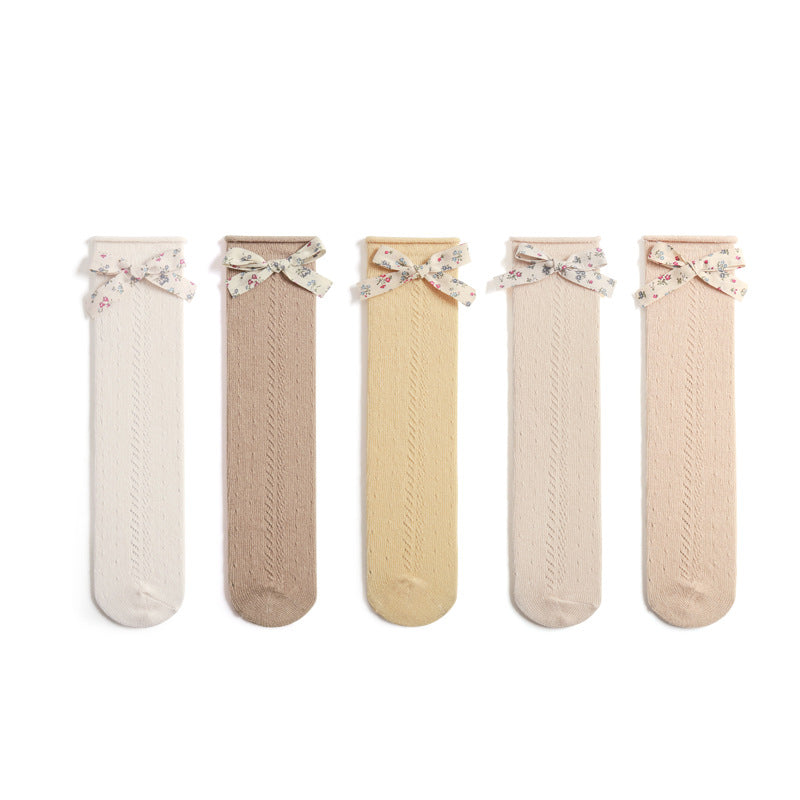 Hollow Mesh Floral Bow Princess Socks Combed Cotton Girls Stockings