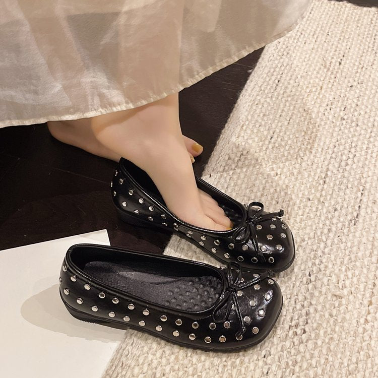 New Summer Rivet Bow Mary Jane Shoes Slip On Inner Heightening Ballet Flats For Women