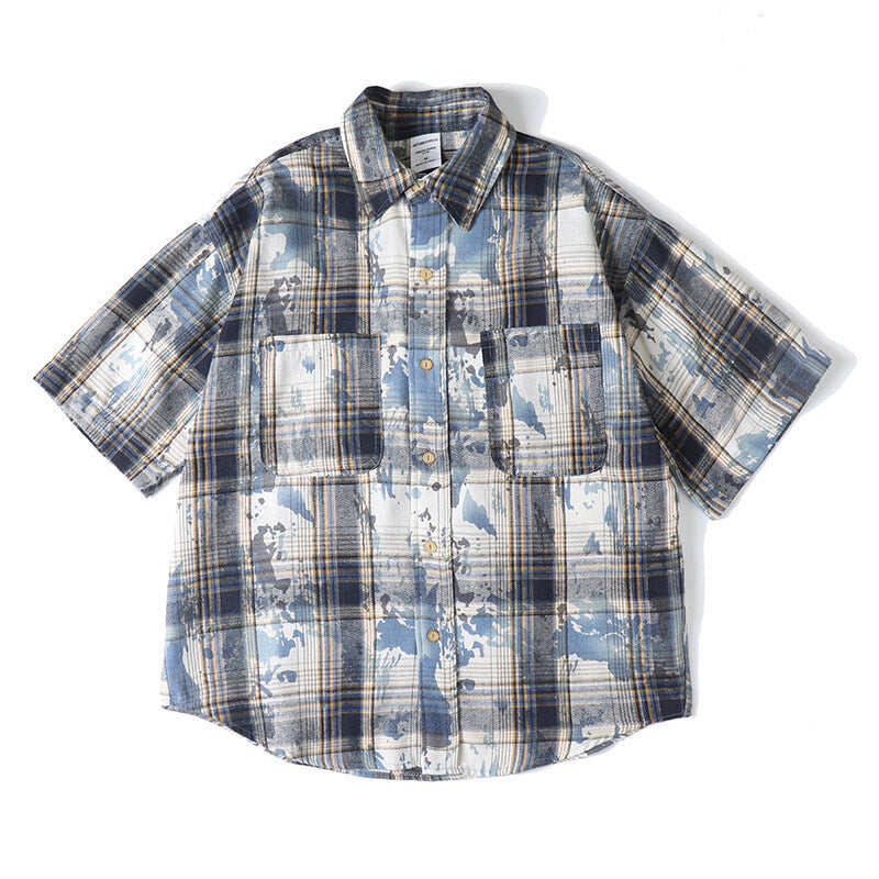 Tie dye printed plaid wide cut shirt