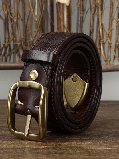 3.8CM Wide Thick Double-sided Cowhide Brass Buckle Belt