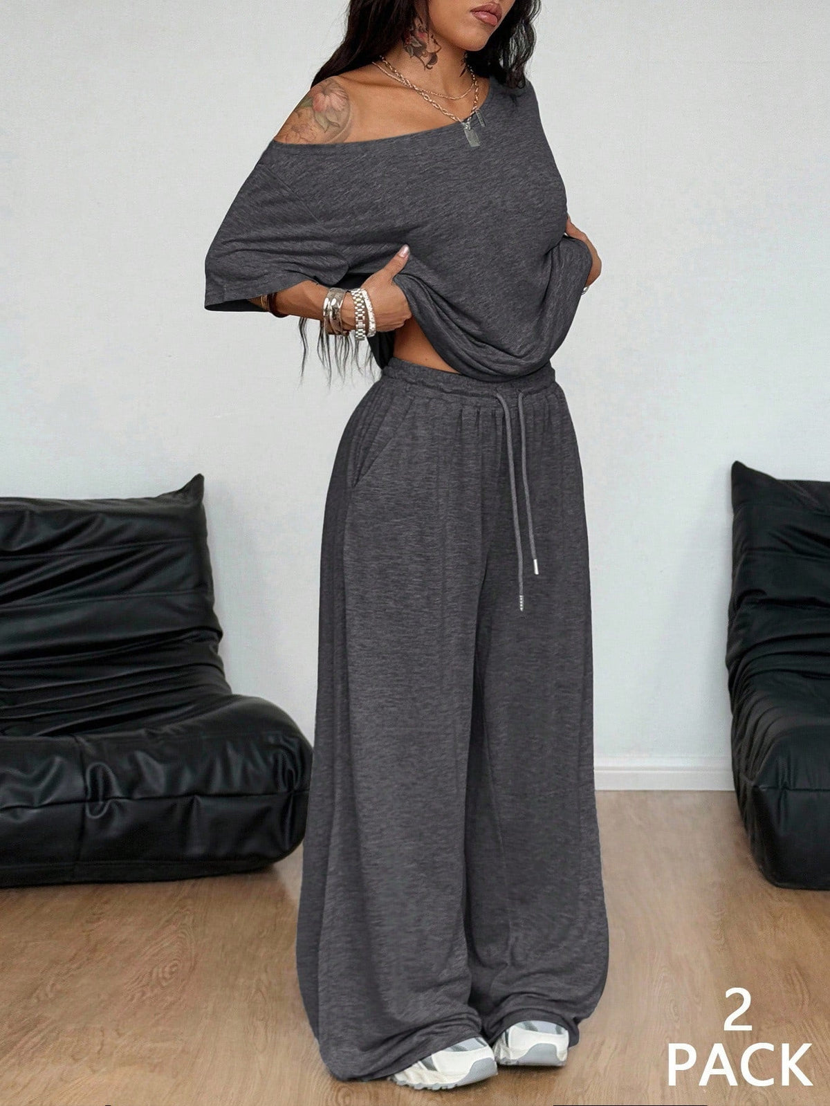 SpringSummer Women's Casual Solid-Color Sports Two-Piece Set