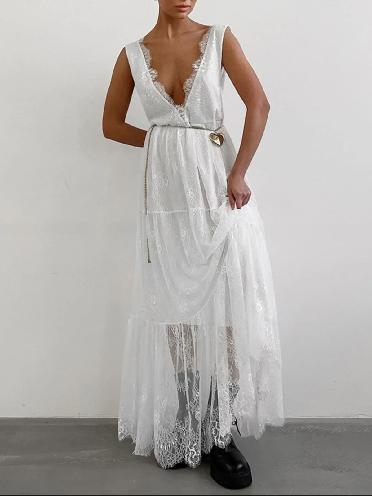 Lace Deep V-Neck Maxi Dress