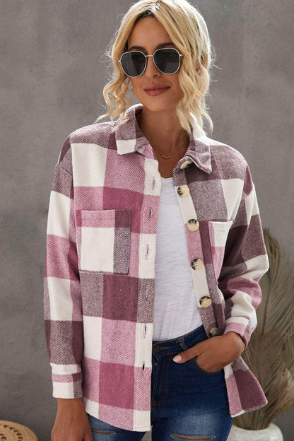 Plaid Button Up Dropped Shoulder Jacket for Women Stylish