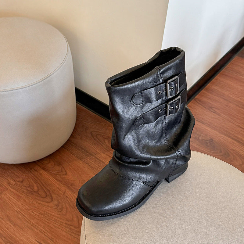 Genuine Leather Black Chunky-sole Ankle Boots