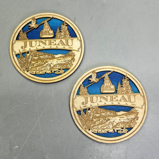(2 PACK) Juneau Alaska Laser Cut & Painted Wooden Puck Collectable Made In USA