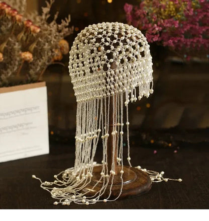 Handmade hollowed out headpiece performance pearl tassel hat