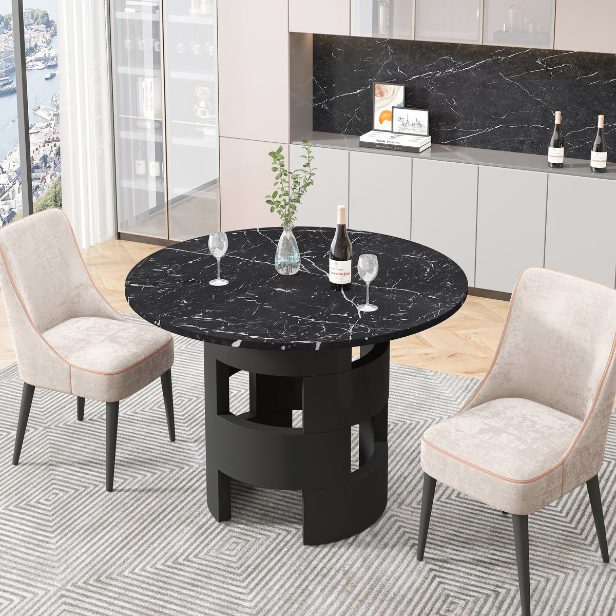 42.12"Modern Round Dining Table with Printed Black Marble Table Top for Dining Room