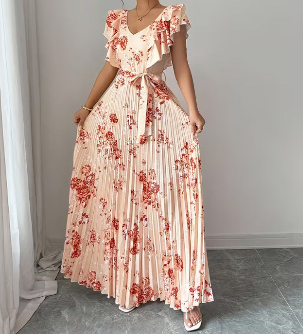Women's V-neck Printed Ruffle A-line Dress