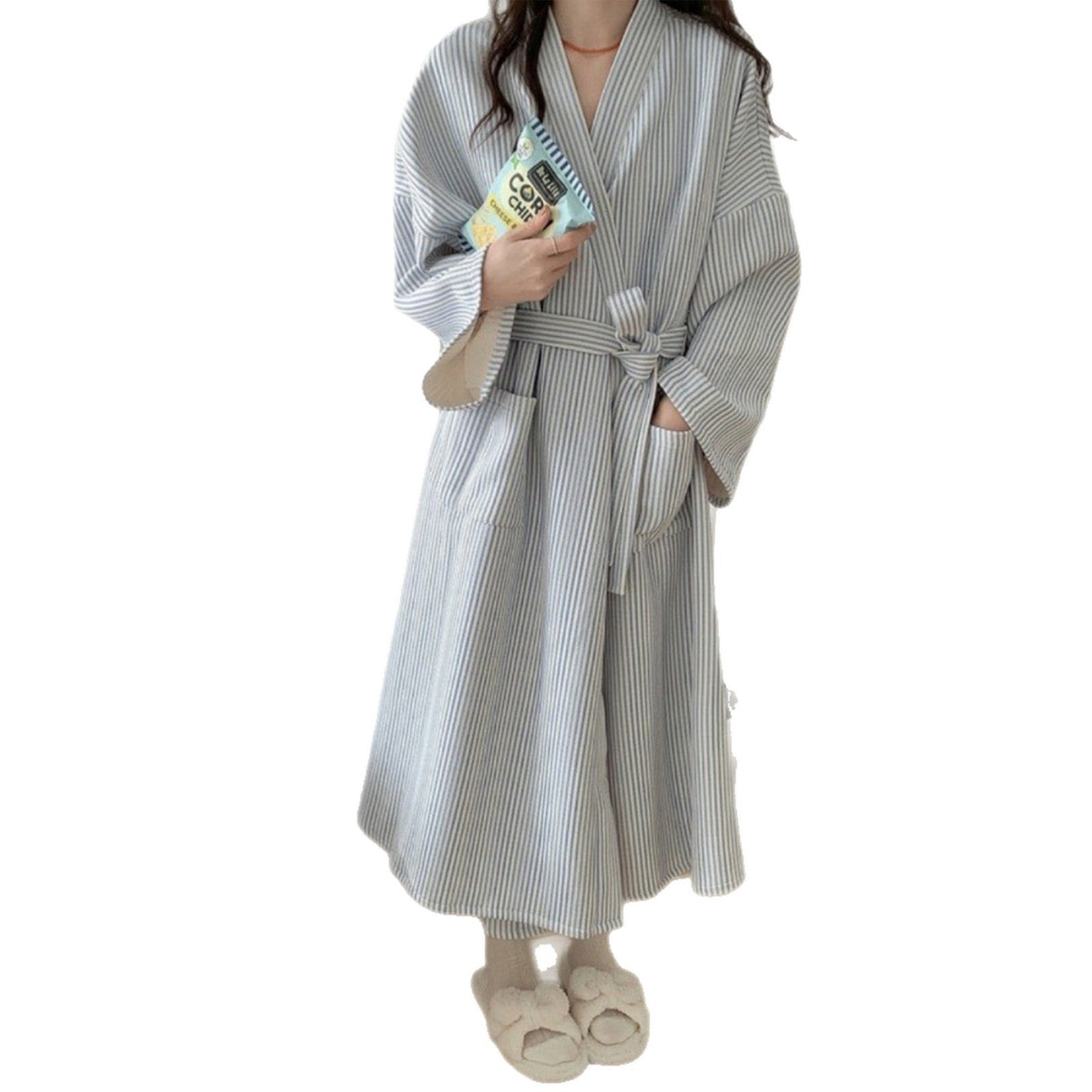 Women's Simple Striped Robe Bathrobe Loungewear