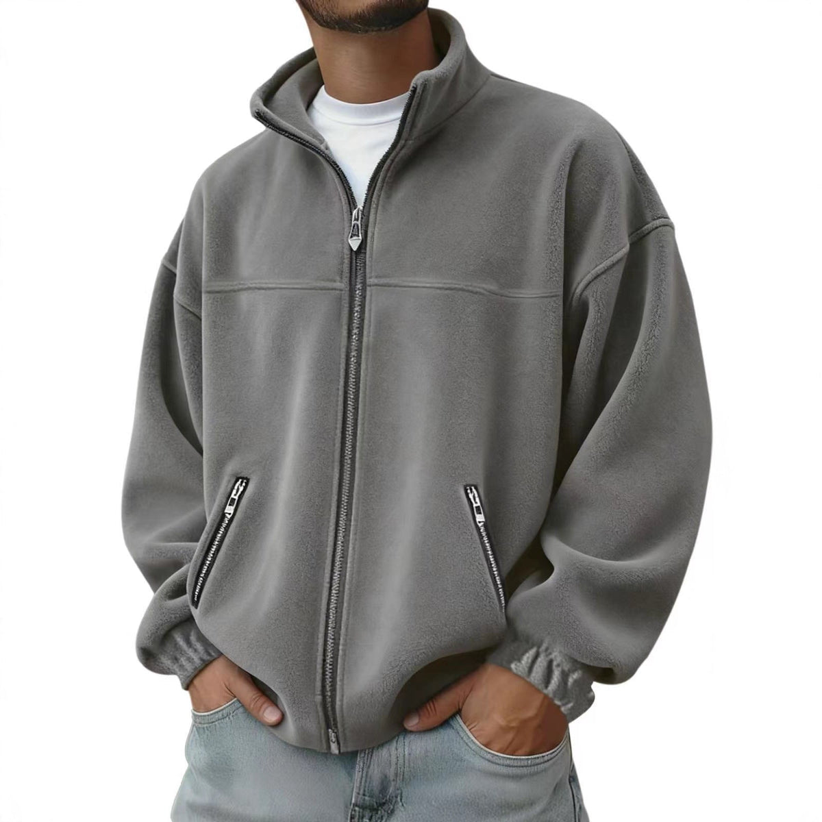 Fleece Stand-up Collar Zip-up Hoodie Casual Jacket