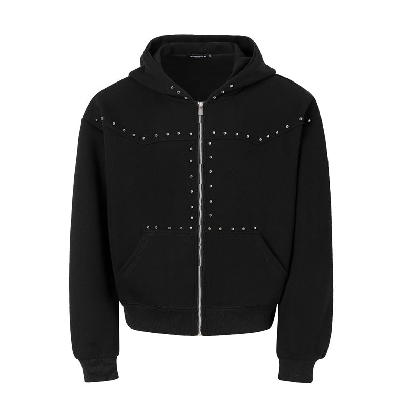 Rivet-zip Hooded Loose-fit Cropped Cardigan Unisex Jacket