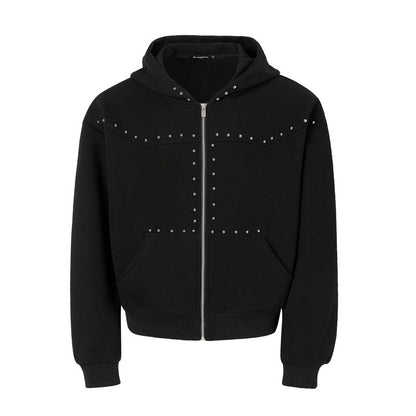 Rivet-zip Hooded Loose-fit Cropped Cardigan Unisex Jacket