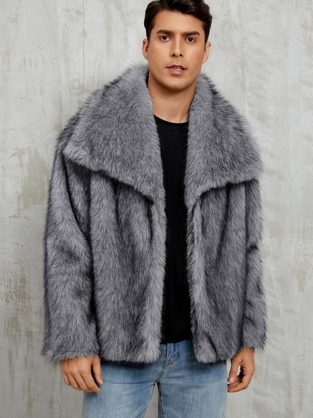 Mens Short Lapel-style Faux Fur Jacket Warm Outerwear