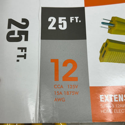 HOME ELECTRICAL ACCESSORIES  Heavy Duty Outdoor/Indoor Extension Cord  12 Gauge, 25' SJTW-3Yellow