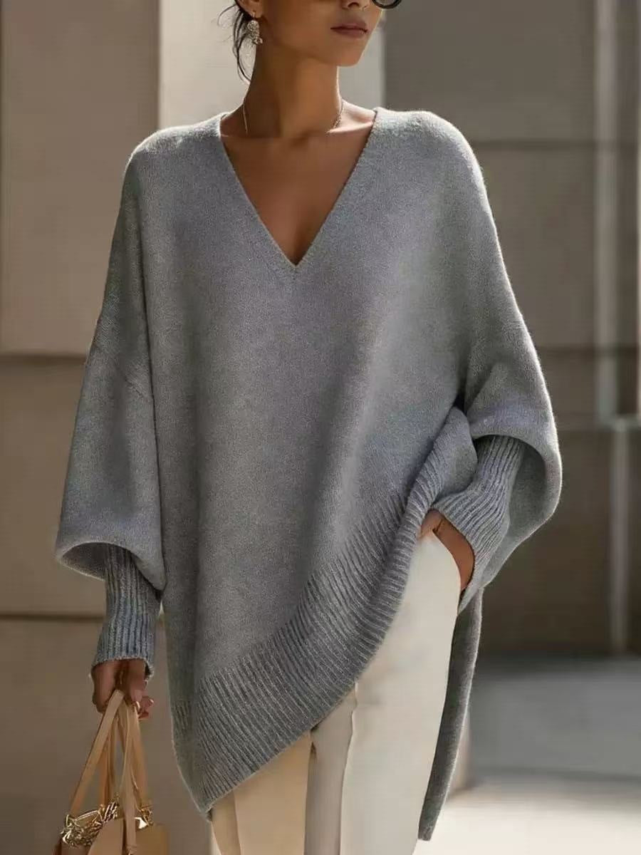 Women's V Neck Oversized Knit Sweater, Long Sleeve Solid Color Lazy Style Loose Asymmetric Hem Pullover Top For Spring Daily Wear