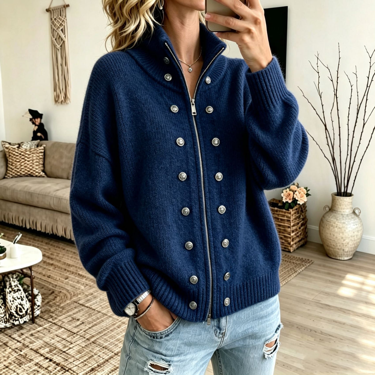 Women's Sweater Coat With Metal Buttons And Double Zippers