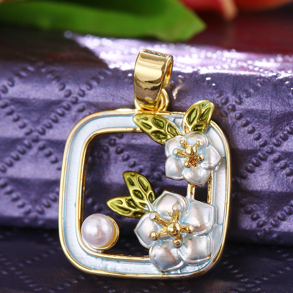Floral-Painted Dripped-Glaze Universal-Clip Necklace DIY Pendant