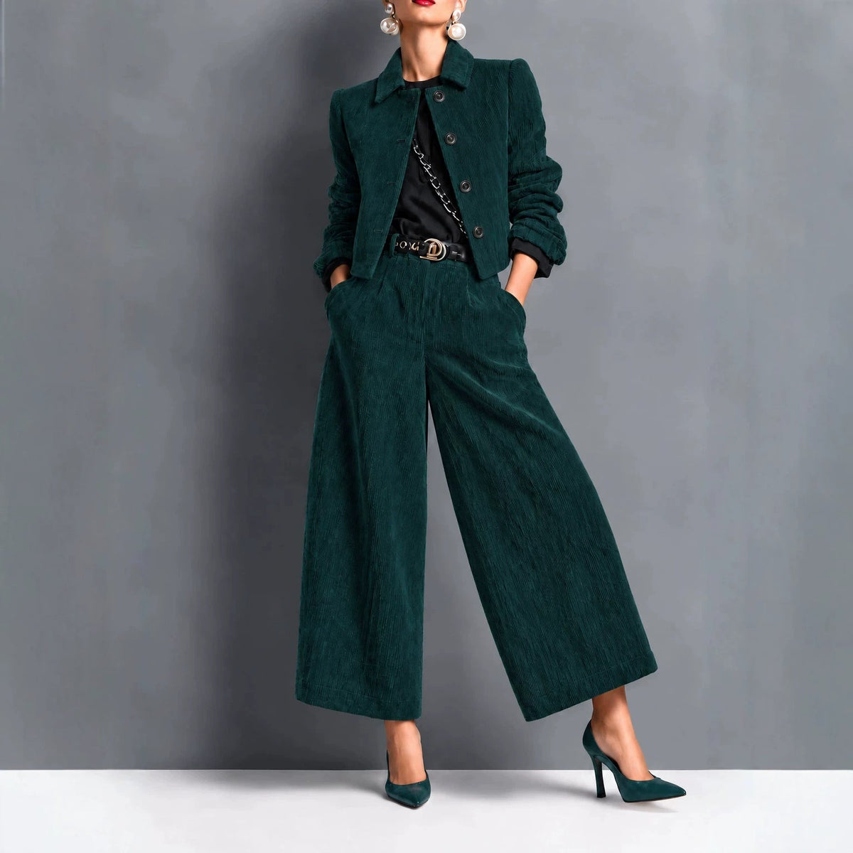Corduroy Cropped Jacket And Wide-leg Pants Set