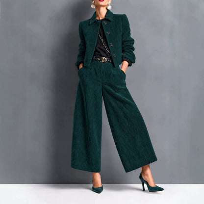 Corduroy Cropped Jacket And Wide-leg Pants Set