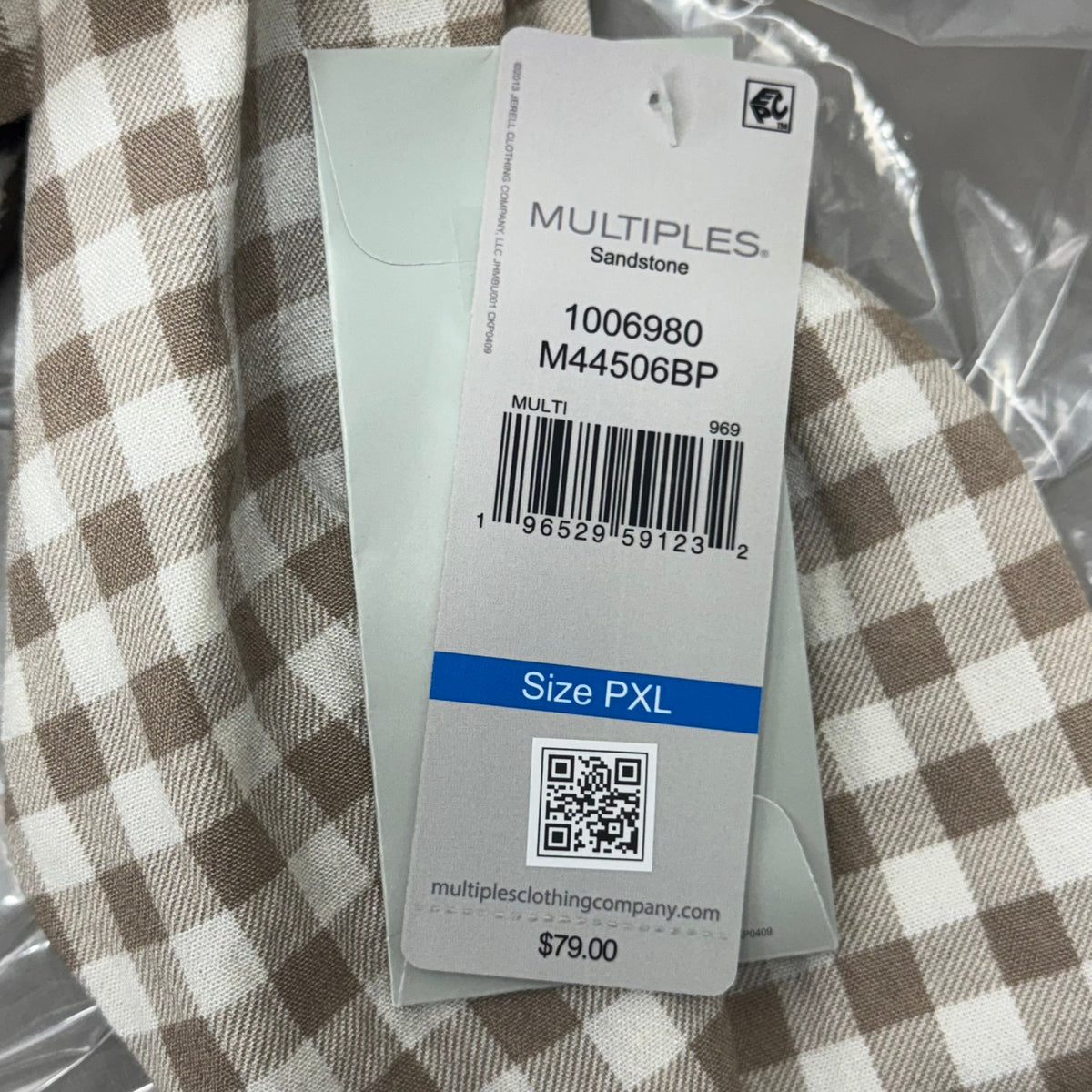 MULTIPLES Button-Up Plaid Shirt w/Cuff Petite Women's Sz PXL Brown/Cream M44506BP