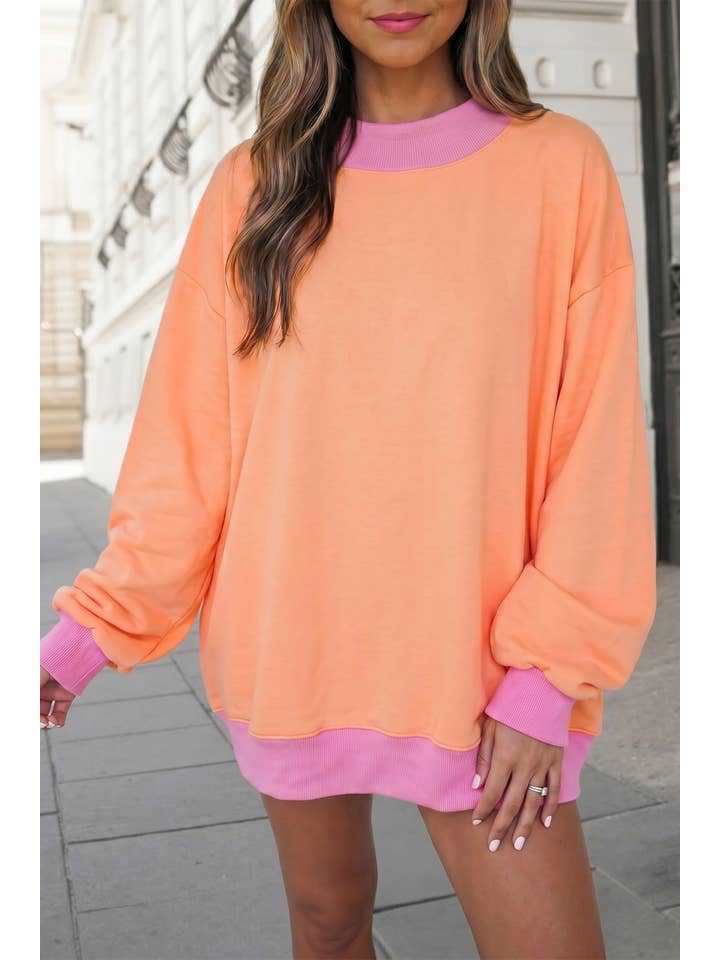 Womens Pullover Color-Block Fleece-Lined Long-Sleeve Sweatshirt