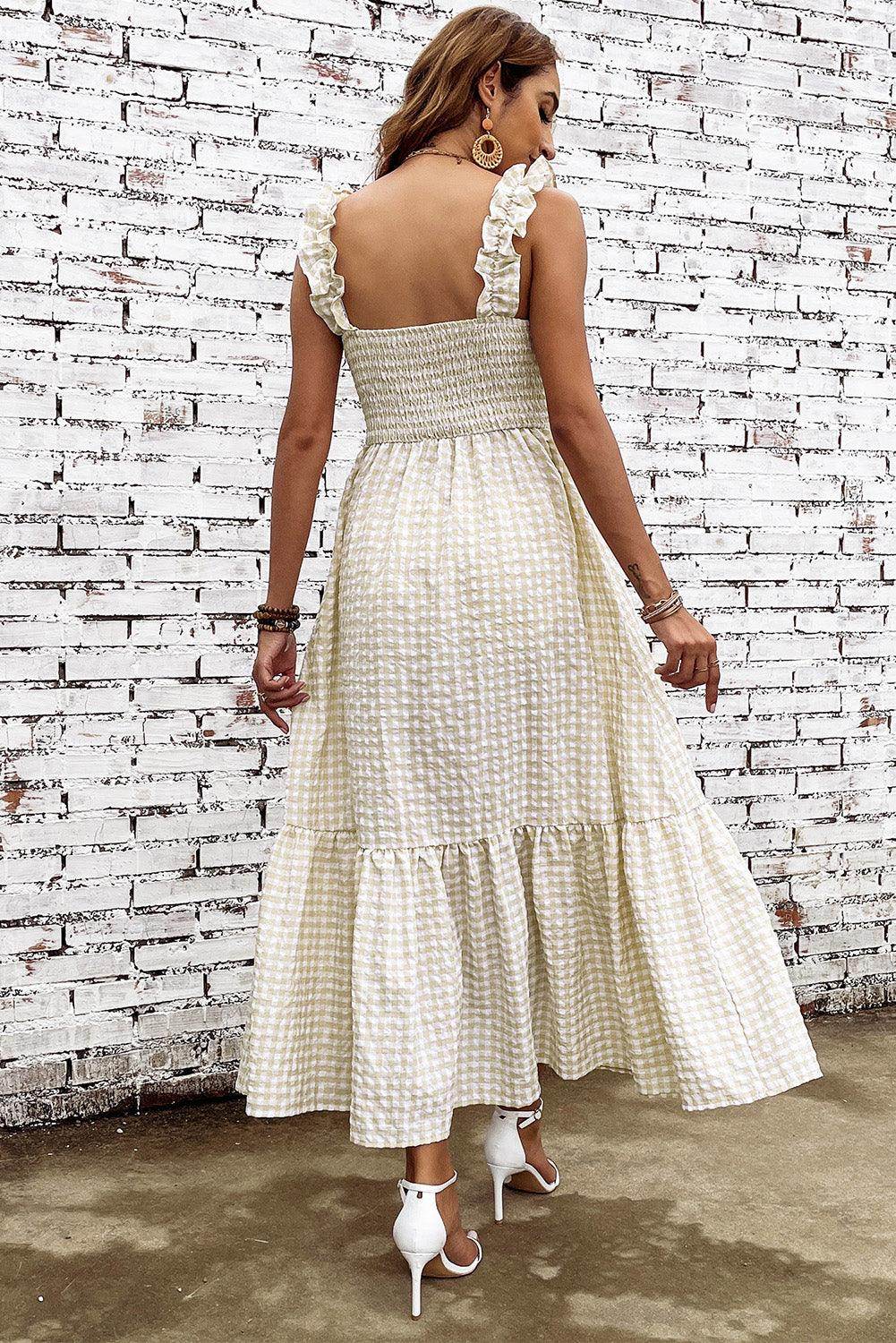 Plaid Ruffle Strap Square Neck Dress for Casual Style