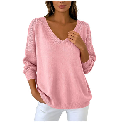 Autumn Winter Women's V-neck Long Sleeved Knitted Sweater Large Loose Shoulder Solid Color Top For Women