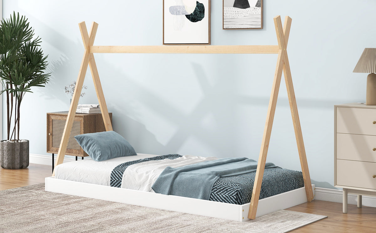 Twin Size Tent Floor Bed with Triangle Structure  White+Natural