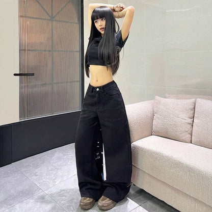 Women's Printed Washed Jeans Wide Leg Loose Straight