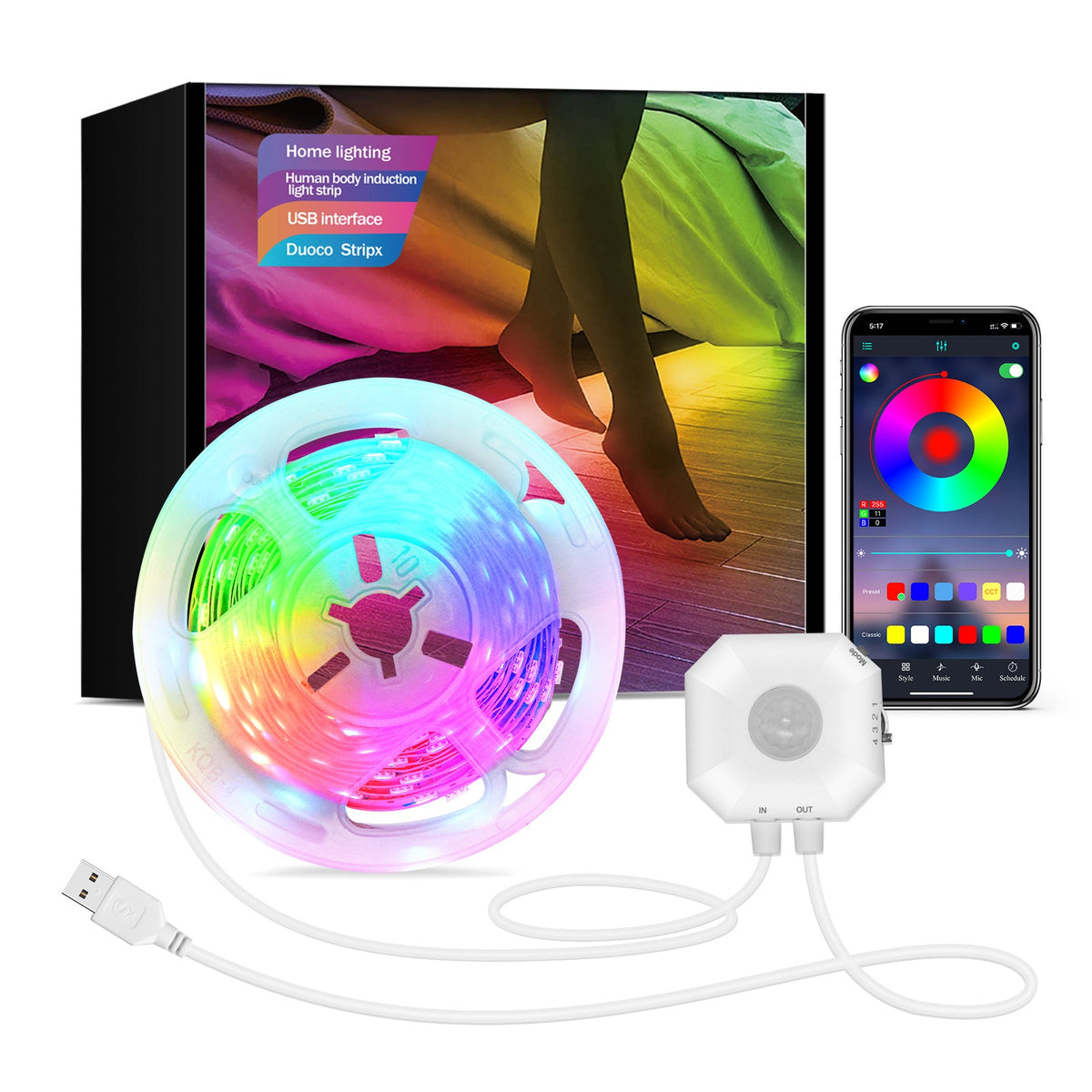 Colorful Bluetooth App Human Body Sensing Bedside Lamp with USB 5V 5050 Bedroom Induction