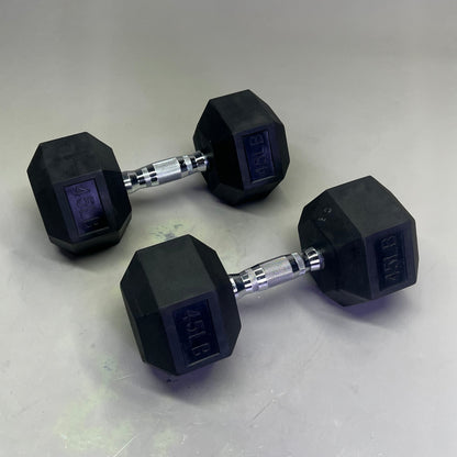 ZA@ CAP (2 PACK, 45 LBS Each) Hexagon Rubber Dumbbell Set Contoured Handle Black/Chrome