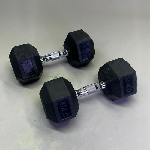 ZA@ CAP (2 PACK, 45 LBS Each) Hexagon Rubber Dumbbell Set Contoured Handle Black/Chrome
