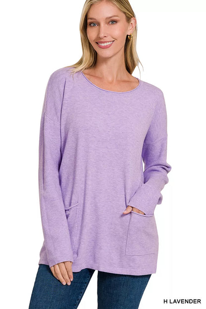 Zenana Viscose Long Sleeve Front Pockets Sweater
