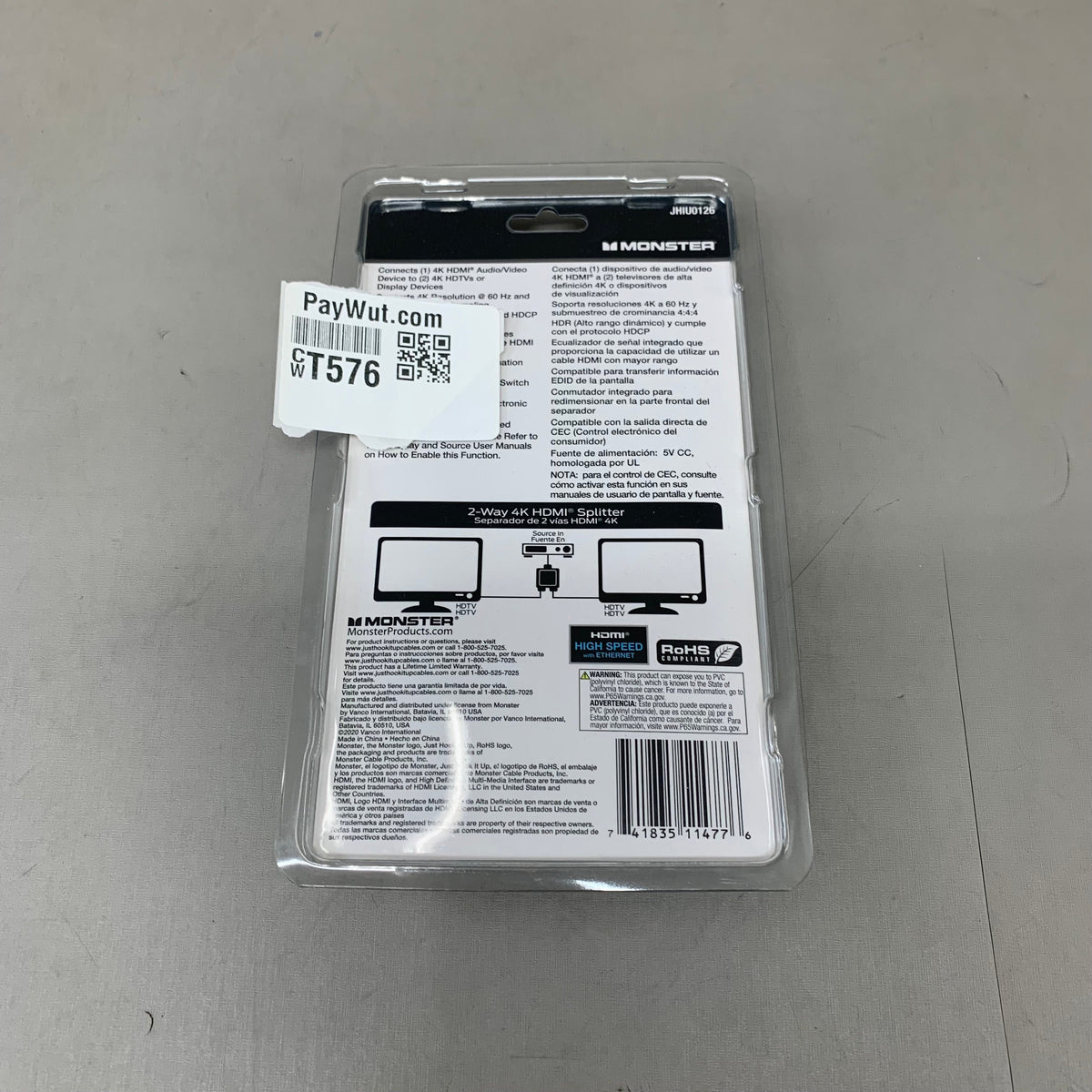 MONSTER 4K 2-Way HDMI Splitter 3"x3"Black JHIU0126