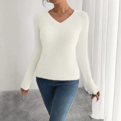 V-neck Solid-color Knitted Warm Plush Sweater