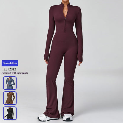 Cross-Border Zippered Cloud-Like Long-Sleeved Yoga Jumpsuit High-Intensity Fitness All-In-One Bodysuit 2012