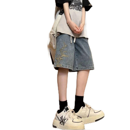 Mens Embroidered Denim Shorts Wide-leg Five-point Length