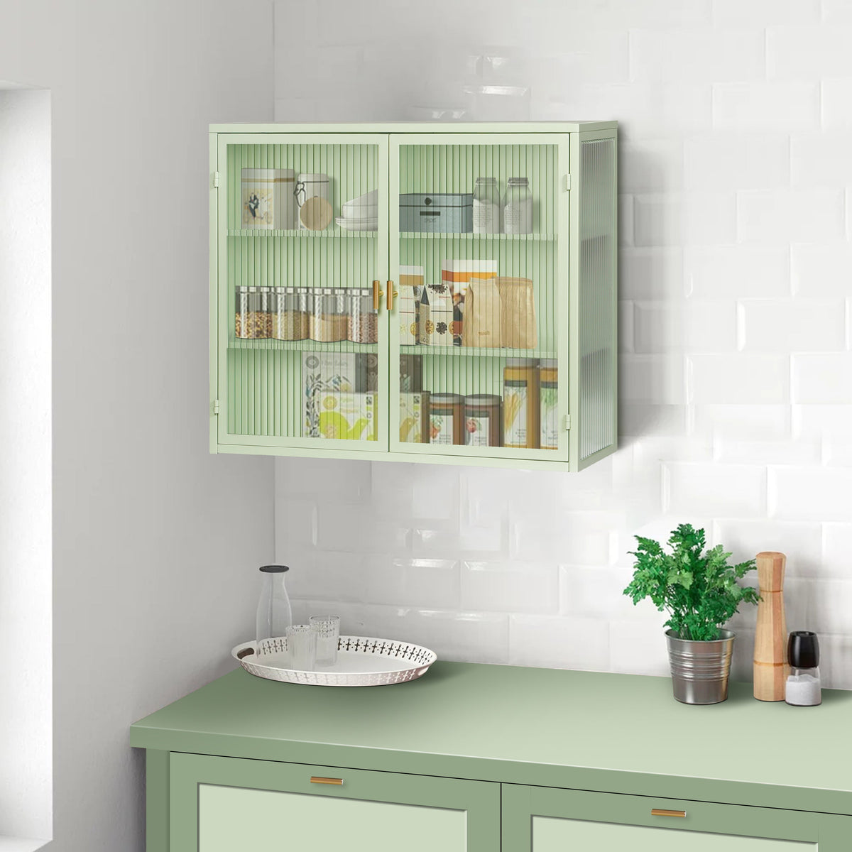 27.56"Glass Doors Modern Two-door Wall Cabinet with Featuring Three-tier Storage Mint Green