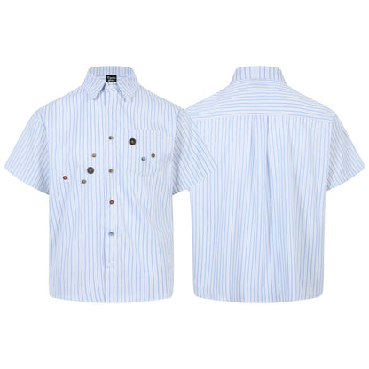Vertical striped button decoration short sleeved shirt for men