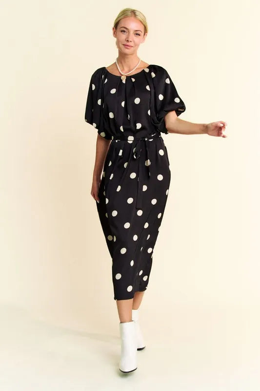 Davi & Dani Polka Dot Puff Sleeves Waist Tie Midi Dress