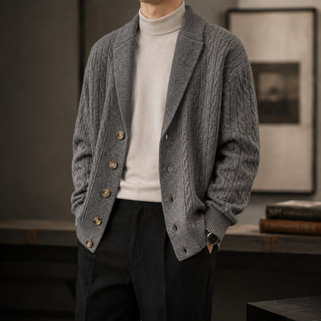 Men's Suit-collar Cable-knit Cardigan