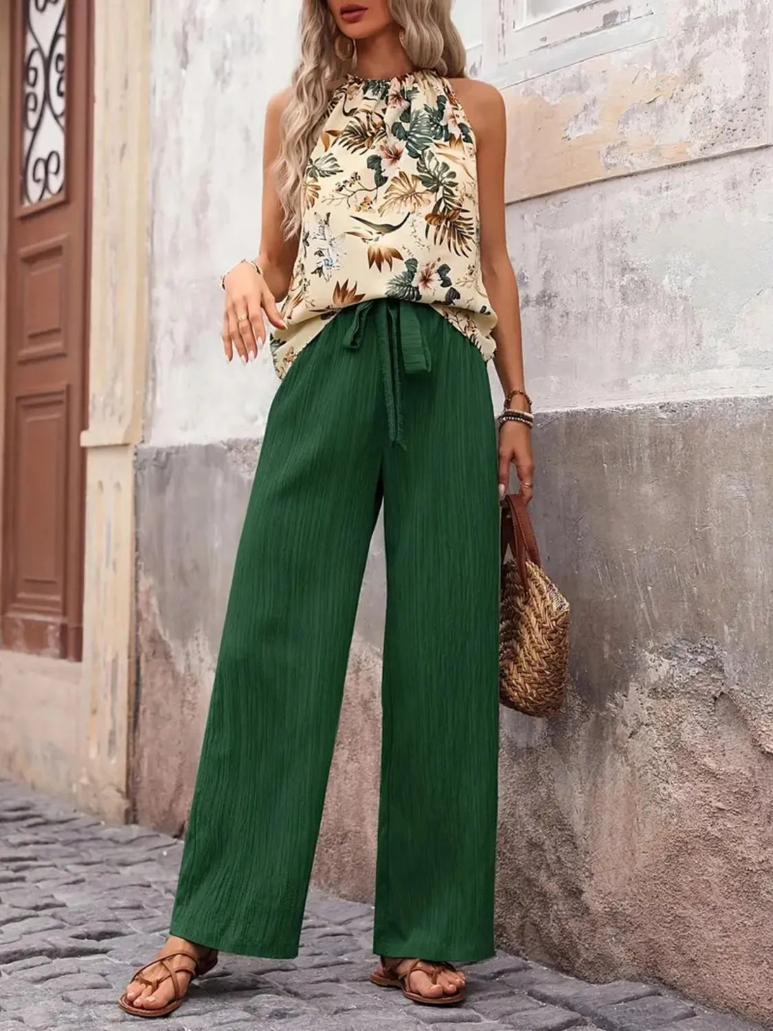 Printed Tank Top and Wide Leg Pants Set