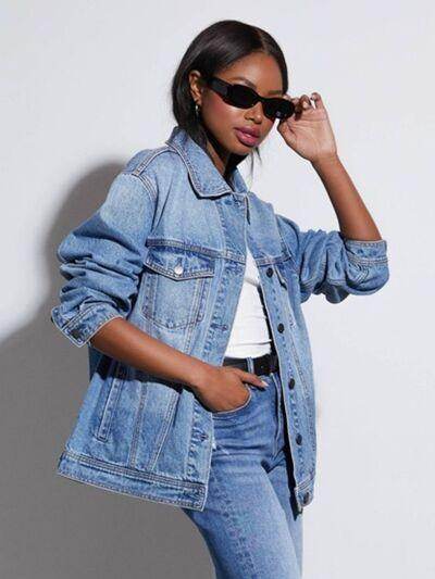 Button Up Collared Neck Denim Jacket for Women Fashion