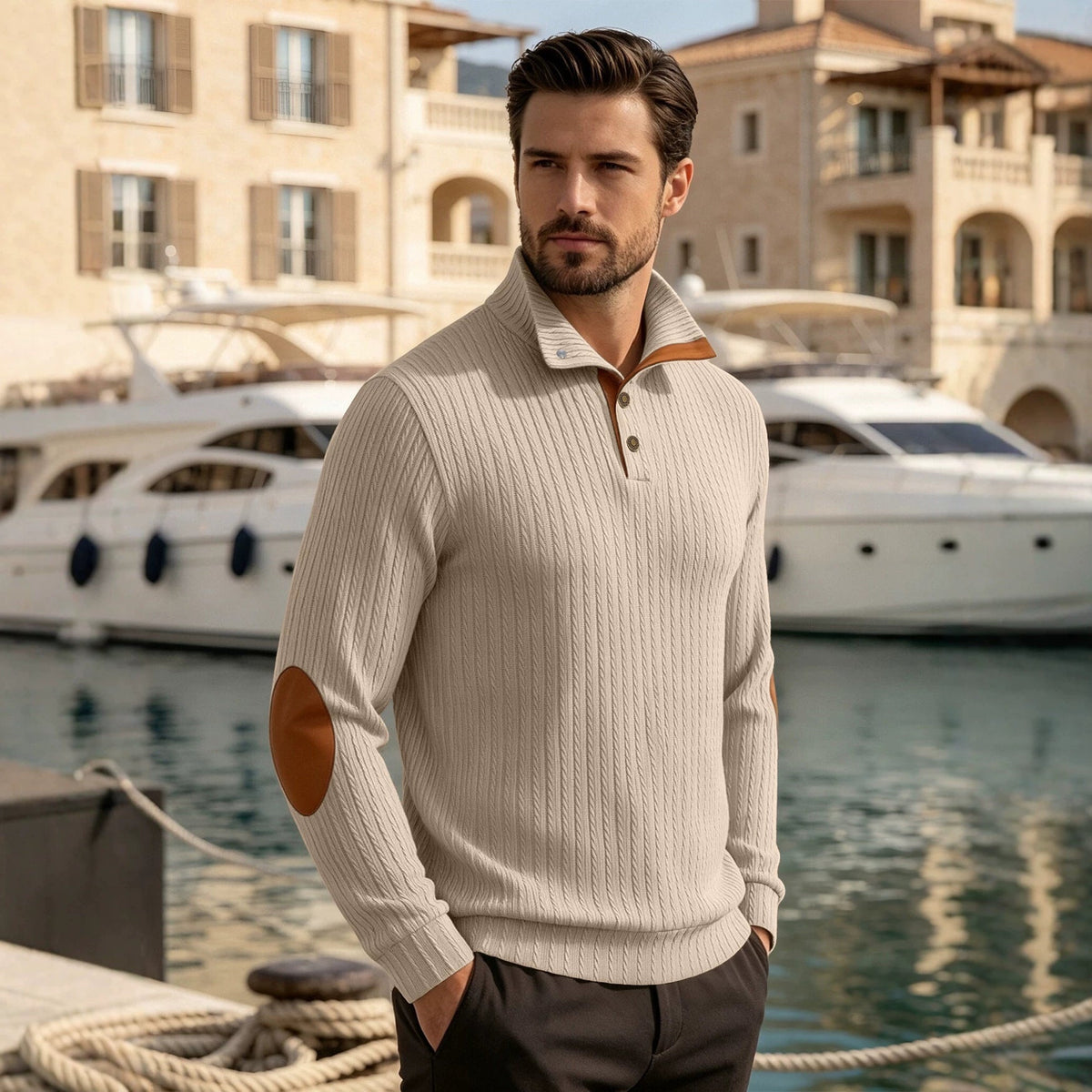 Men's Stand Collar Textured Jacquard Sleeve Patch Sweatshirt, American-Style Plus Size Casual Sports Polo Shirt For Export
