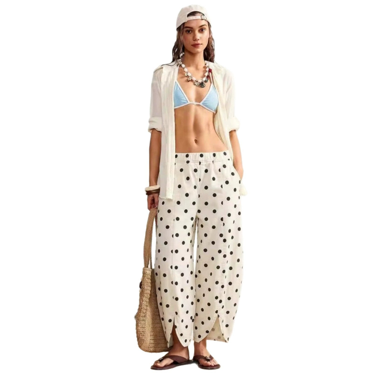Korean-style Versatile Elastic-waist Wide-leg Pants With Round Polka Dots