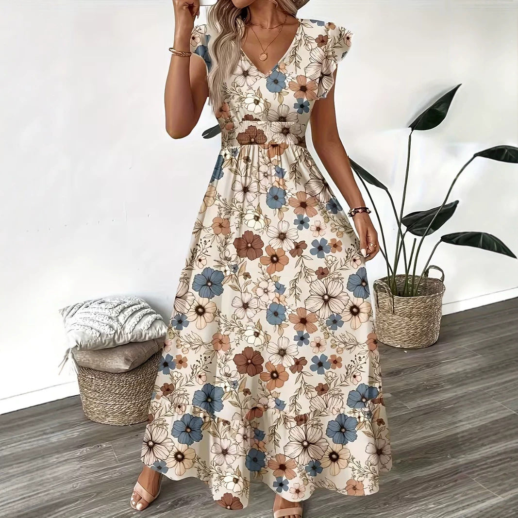 Womens Printed V-neck Dolman-sleeve Dress