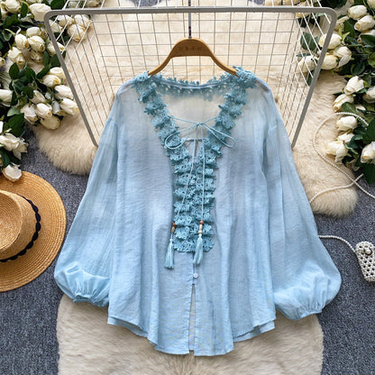 Womens Solid-Color Silk-Panel V-Neck Lace-Up Shirt