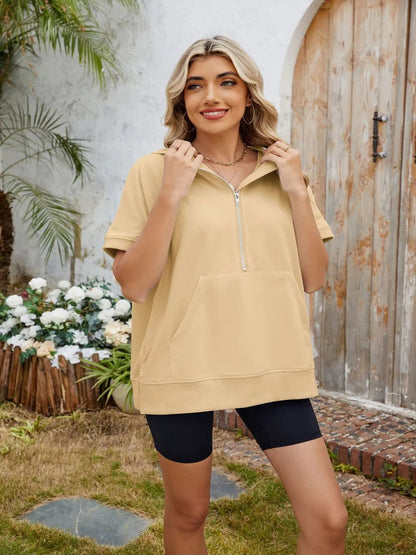 Half Zip Short Sleeve Hooded Top