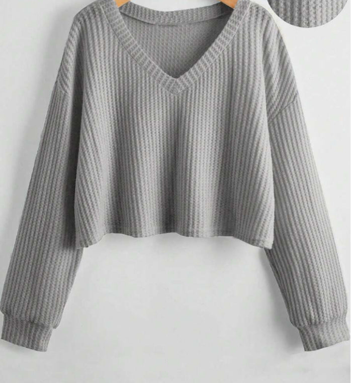 V-neck Loose-fit Short-length Long-sleeve Top