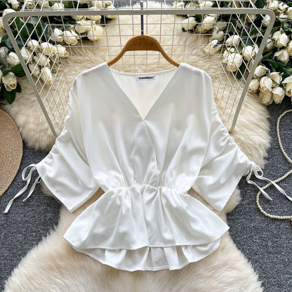 Women's Versatile Drawstring Short-sleeve Waist-cinching Satin Blouse